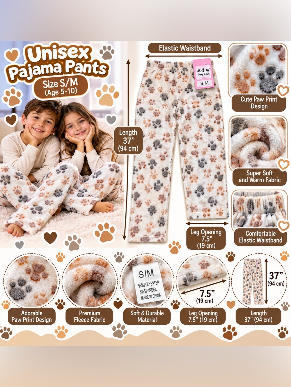 Kids Fleece Pajama Pants S/M Soft Plush Warm Boys Girls Sleepwear Lounge Pants